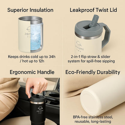30 oz Tumbler with Handle & Flip Straw Lid – Cupholder-Friendly Insulated Stainless Steel Travel Mug, Leak-Resistant Twist Lid, Double Wall Vacuum, BPA-Free, Fits Car Cup Holder (White)