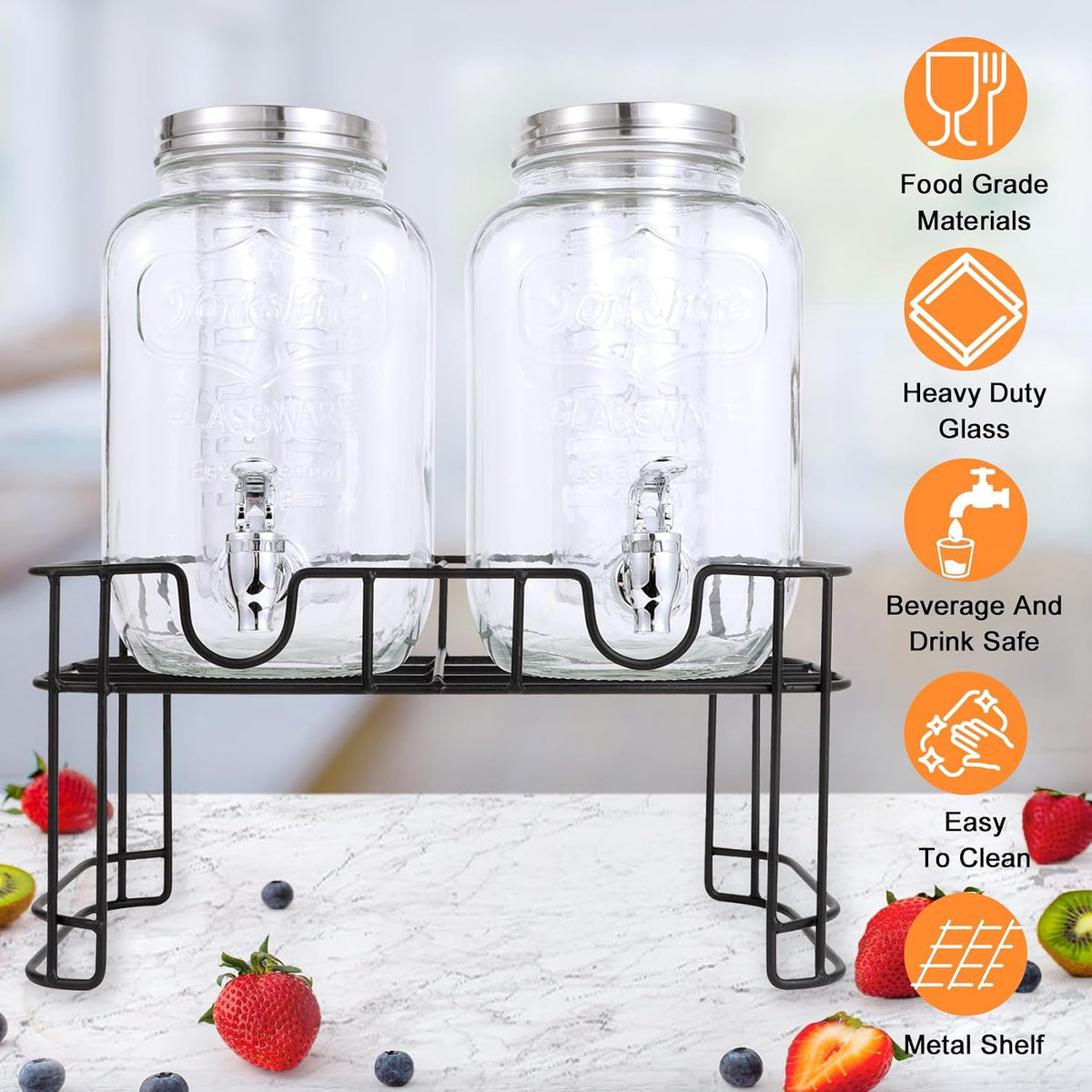 1 Gallon Glass Drink Dispensers For Parties-Set of 2,Leak-Proof Spigot