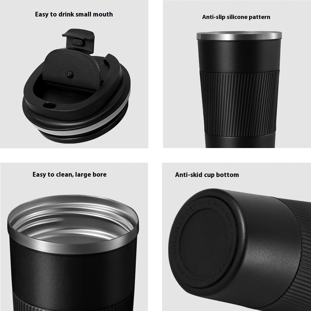 Leak-Proof Stainless Steel Coffee Tumbler - 18oz Insulated Mug with Anti-Slip Grip for Travel & Office (Black)