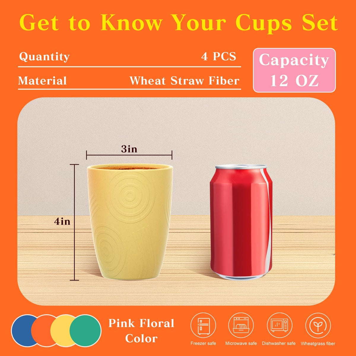 Wheat Straw Cups 12oz Unbreakable & Easy to Clean Cups Reusable Outdoor Drinking Cups for Travel,Camping,Picnic, Refrigerator and Dishwasher Safe Stackable Water Tumblers- White