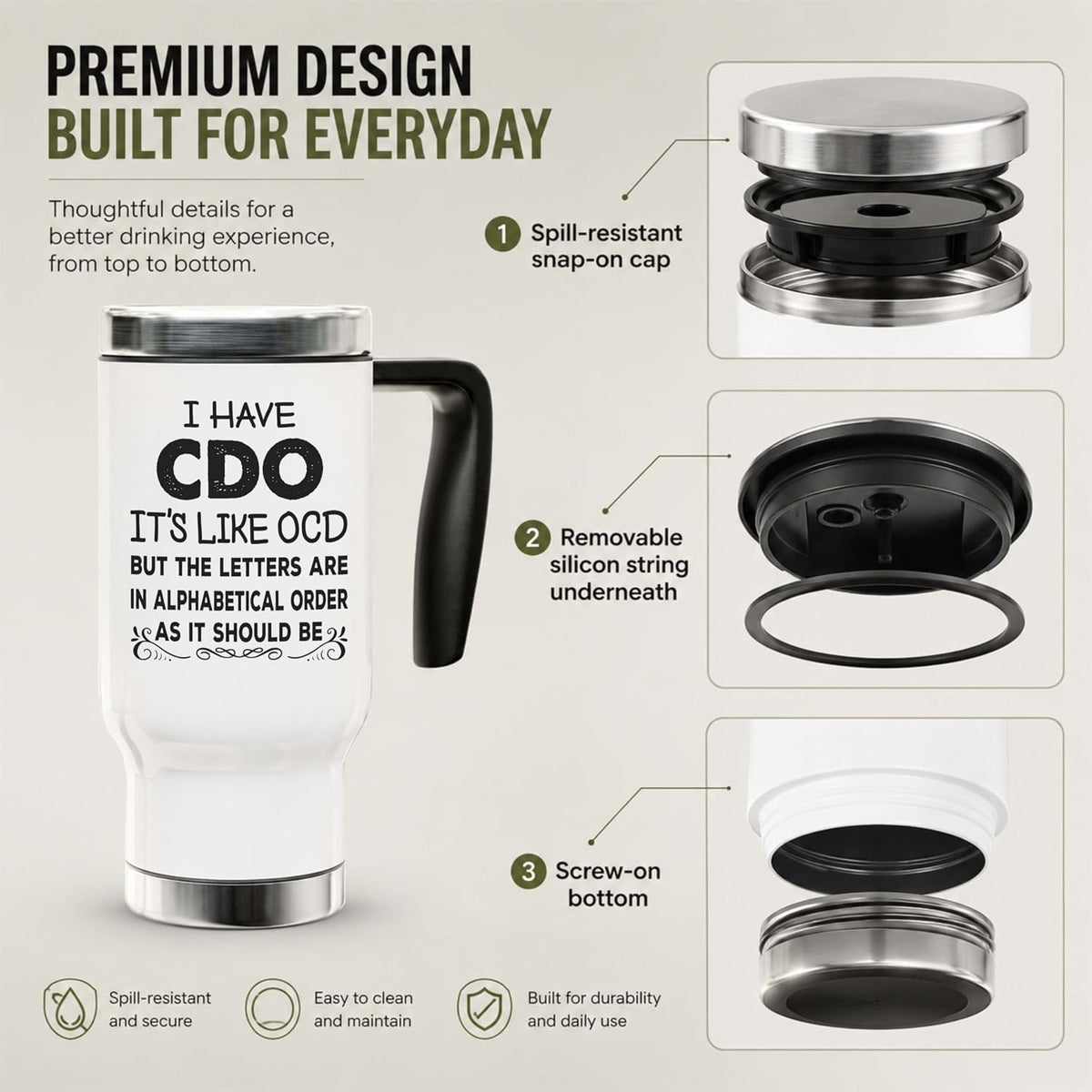 Funny OCD Travel Mug - I Have CDO Alphabetical Order Joke - 14oz Insulated Stainless Steel Coffee Cup with Handle and Lid for Office Gag Gifts
