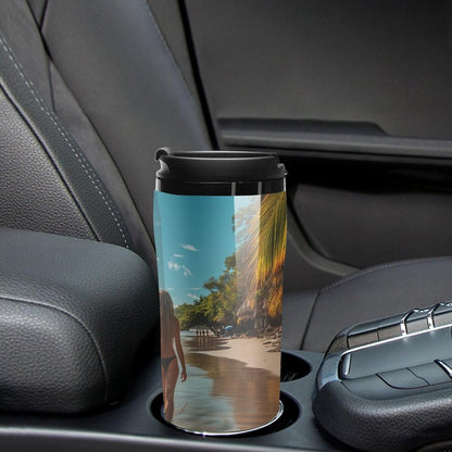 Clear Picture of A Wall with A Window with Flowers And A Bicycle Coffee Mug with Lid Flip Top Double Wall Plastic Coffee Cups Drinks Tumbler 350ml