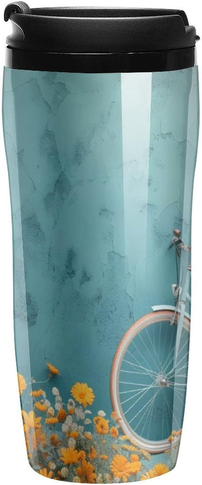 Clear Picture of A Wall with A Window with Flowers And A Bicycle Coffee Mug with Lid Flip Top Double Wall Plastic Coffee Cups Drinks Tumbler 350ml
