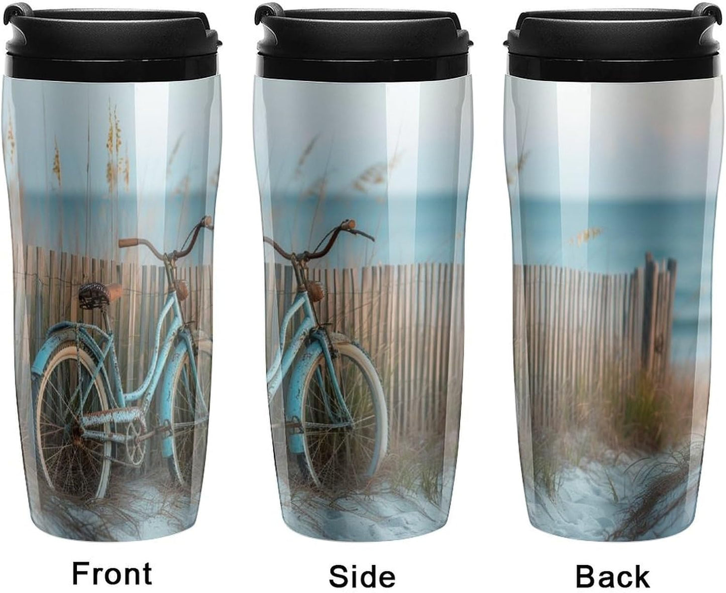 Clear Picture of A Wall with A Window with Flowers And A Bicycle Coffee Mug with Lid Flip Top Double Wall Plastic Coffee Cups Drinks Tumbler 350ml