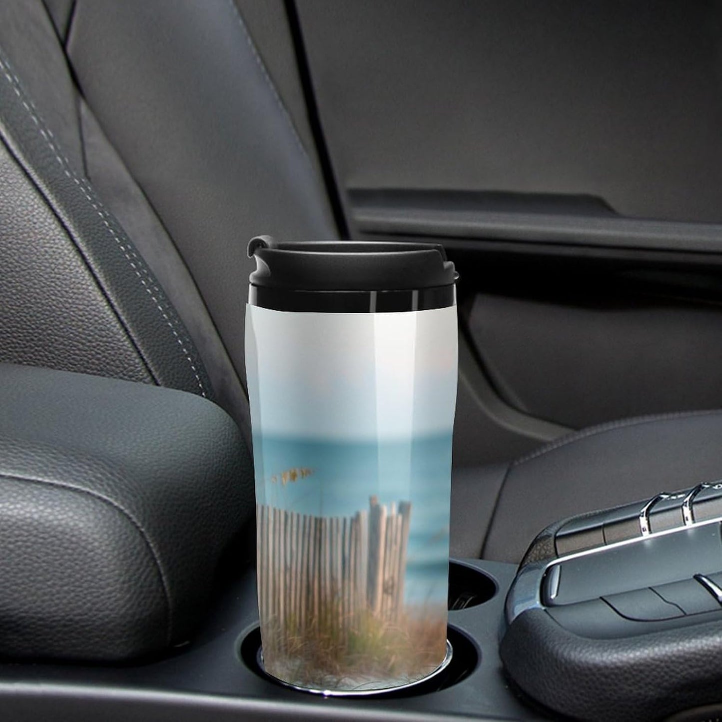 Clear Picture of A Wall with A Window with Flowers And A Bicycle Coffee Mug with Lid Flip Top Double Wall Plastic Coffee Cups Drinks Tumbler 350ml