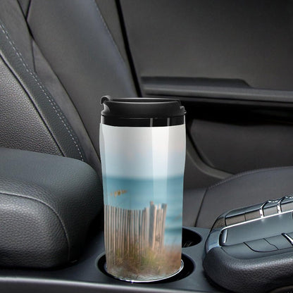 Clear Picture of A Wall with A Window with Flowers And A Bicycle Coffee Mug with Lid Flip Top Double Wall Plastic Coffee Cups Drinks Tumbler 350ml