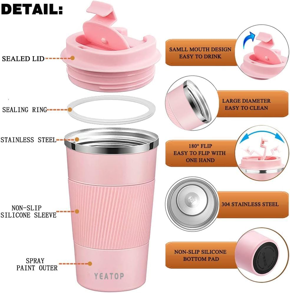 Coffee Mug 16oz - Insulated Travel Coffee Mug Spill Proof, Stainless Steel Vacuum Thermal Coffee Cup with Leakproof Lid Double Wall Coffee Tumbler for Hot/Iced Beverage -Black,510ml