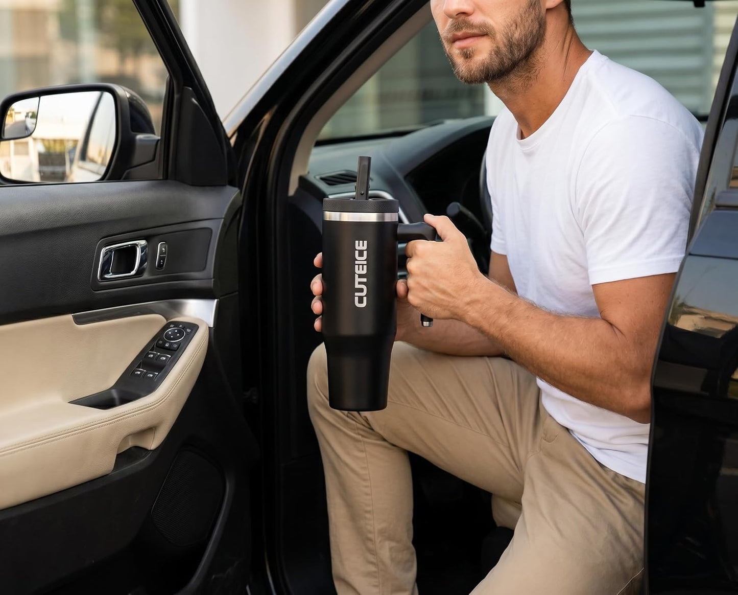 Blue Tumbler with Straw and Handle Coffee Travel Mug with Lid Leakproof Insulated Cup Stainless Steel Mug for Iced Tea, Coffee, Cold Beverages Fits in Car Cup Holder Skyblue Water Bottle for Office