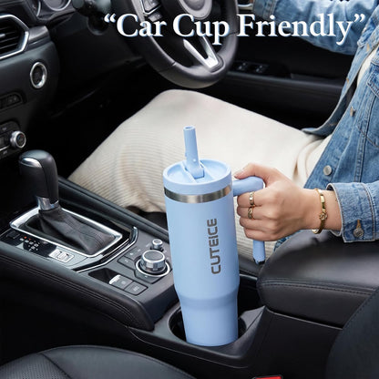 Blue Tumbler with Straw and Handle Coffee Travel Mug with Lid Leakproof Insulated Cup Stainless Steel Mug for Iced Tea, Coffee, Cold Beverages Fits in Car Cup Holder Skyblue Water Bottle for Office