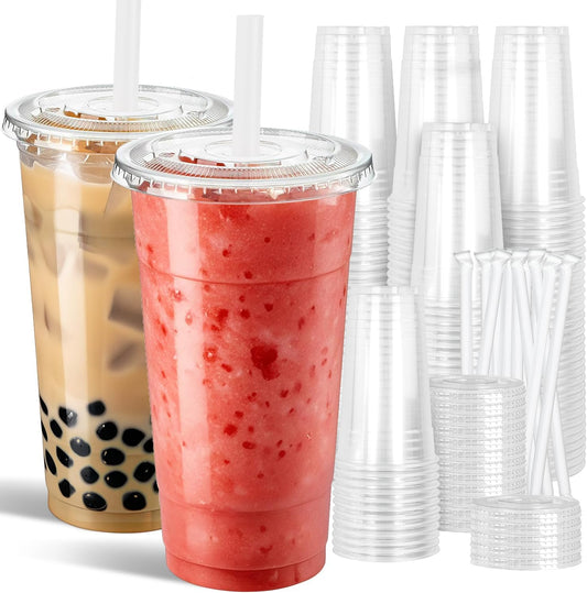Ginkgo 32 oz Clear Plastic Cups with Lids and Jumbo Straws
