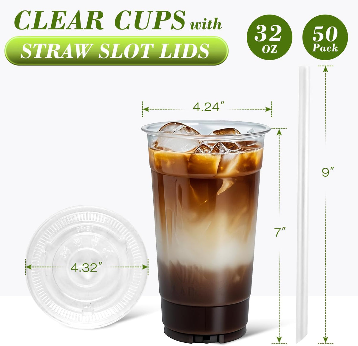Ginkgo 32 oz Clear Plastic Cups with Lids and Jumbo Straws