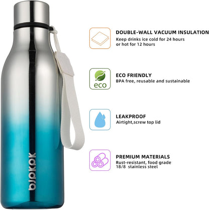 18oz Insulated Water Bottle, Stainless Steel Bottle with Carry Strap | Keep Cold & Hot Vacuum Insulation, Leak-Proof BPA-Free Design, Slim Bottle Fits Most Cup Holders for Gym, Office & Travel - Colors B