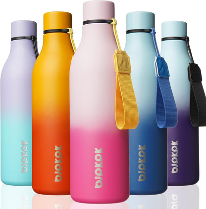 18oz Insulated Water Bottle, Stainless Steel Bottle with Carry Strap | Keep Cold & Hot Vacuum Insulation, Leak-Proof BPA-Free Design, Slim Bottle Fits Most Cup Holders for Gym, Office & Travel - Colors B