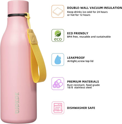 18oz Insulated Water Bottle, Stainless Steel Bottle with Carry Strap | Keep Cold & Hot Vacuum Insulation, Leak-Proof BPA-Free Design, Slim Bottle Fits Most Cup Holders for Gym, Office & Travel - Colors B