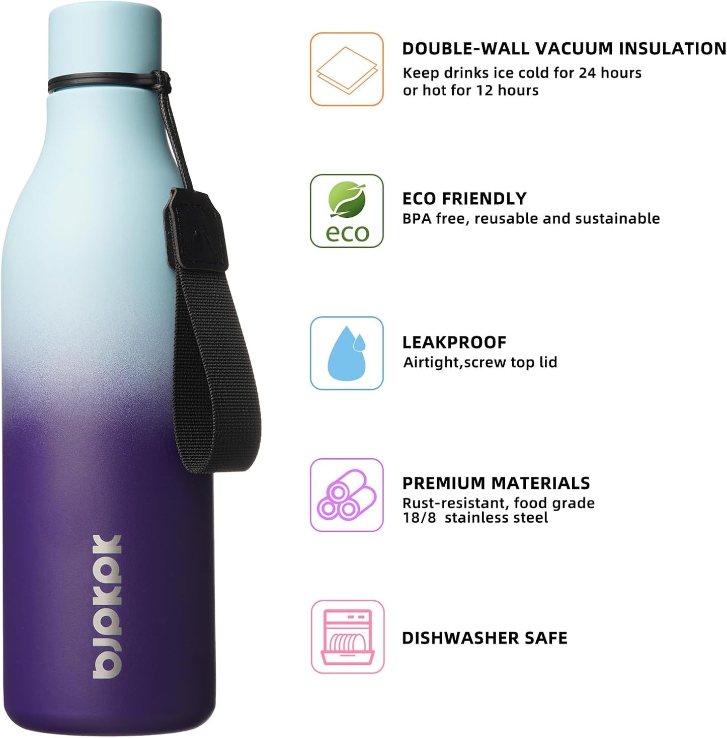 18oz Insulated Water Bottle, Stainless Steel Bottle with Carry Strap | Keep Cold & Hot Vacuum Insulation, Leak-Proof BPA-Free Design, Slim Bottle Fits Most Cup Holders for Gym, Office & Travel - Colors B