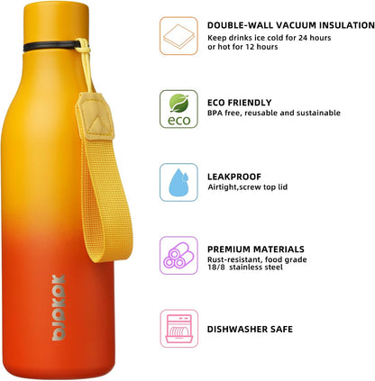 18oz Insulated Water Bottle, Stainless Steel Bottle with Carry Strap | Keep Cold & Hot Vacuum Insulation, Leak-Proof BPA-Free Design, Slim Bottle Fits Most Cup Holders for Gym, Office & Travel - Colors B