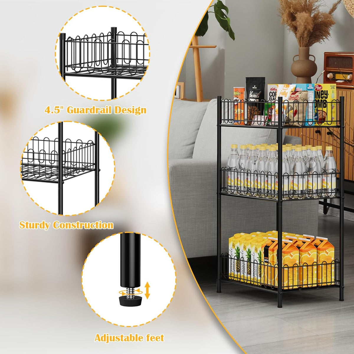 Water Bottle Holder Rack 3 Tier Soda Drink Organizer Vertical Metal Food Storage Shelf for Kitchen Countertop Pantry, Can Storage Organizer for Pantry