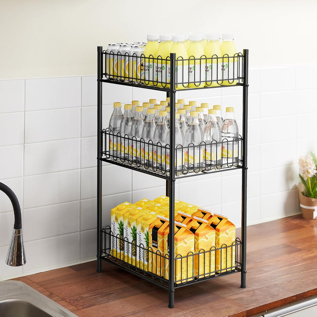 Water Bottle Holder Rack 3 Tier Soda Drink Organizer Vertical Metal Food Storage Shelf for Kitchen Countertop Pantry, Can Storage Organizer for Pantry