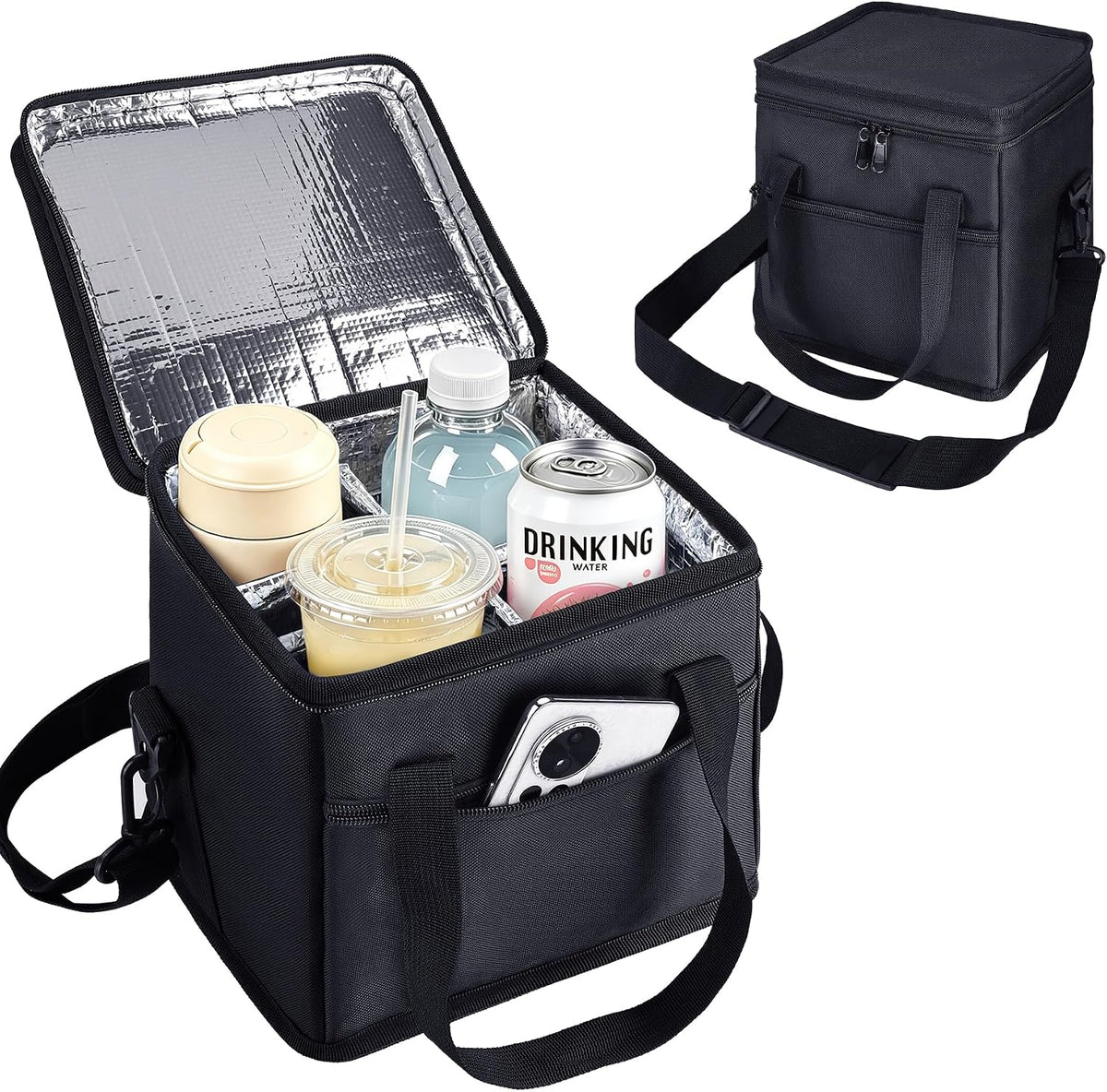 Insulated Drink Carrier Bag with Handle, 2 Side Pockets, Black