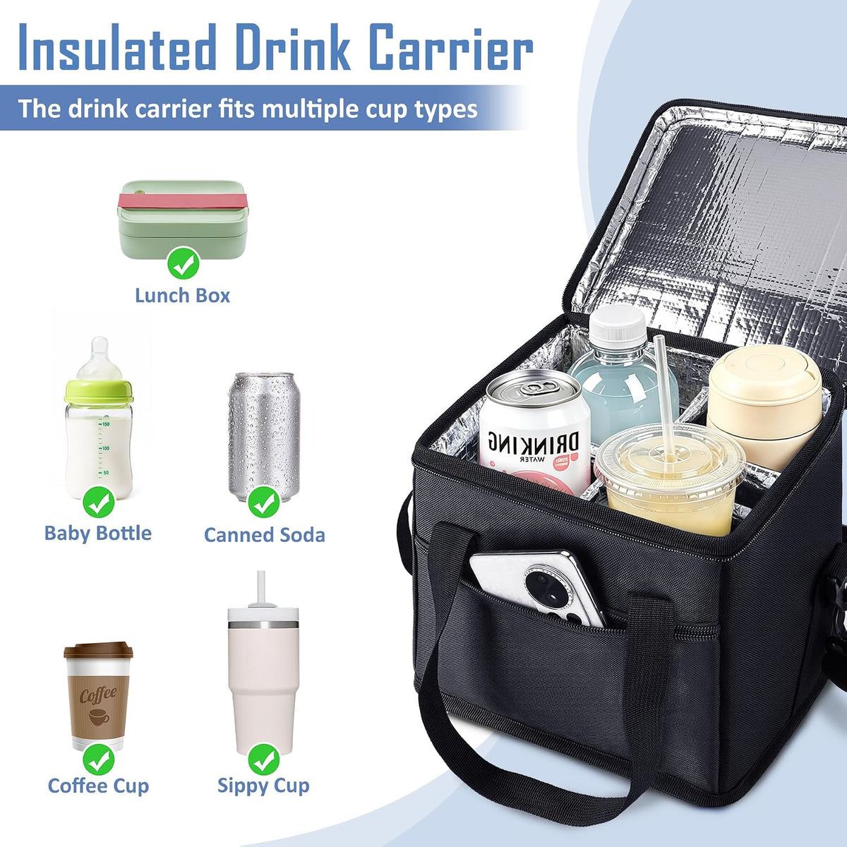 Insulated Drink Carrier Bag with Handle, 2 Side Pockets, Black