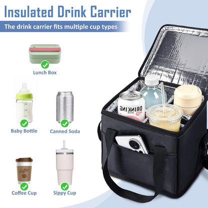 Insulated Drink Carrier Bag with Handle, 2 Side Pockets, Black