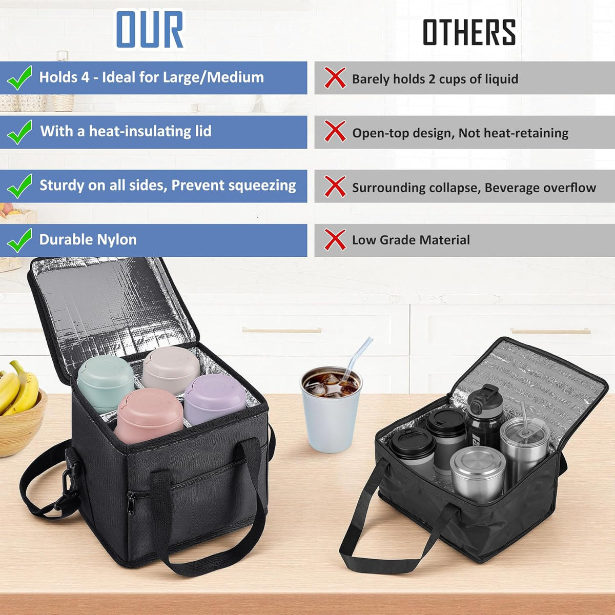 Insulated Drink Carrier Bag with Handle, 2 Side Pockets, Black