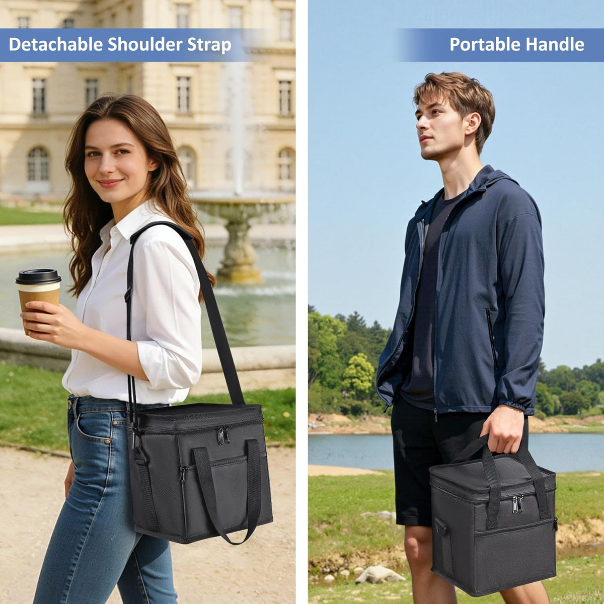 Insulated Drink Carrier Bag with Handle, 2 Side Pockets, Black