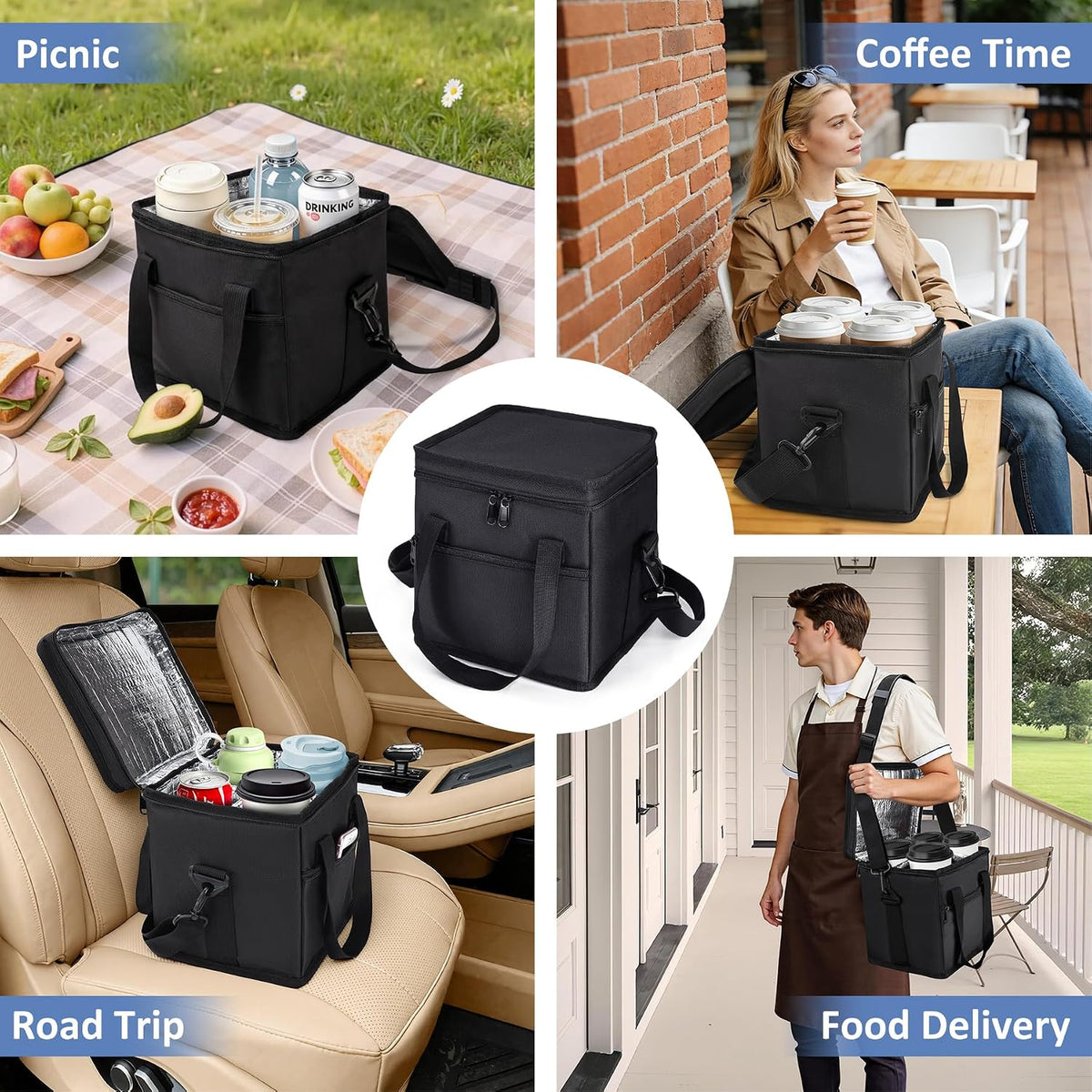 Insulated Drink Carrier Bag with Handle, 2 Side Pockets, Black