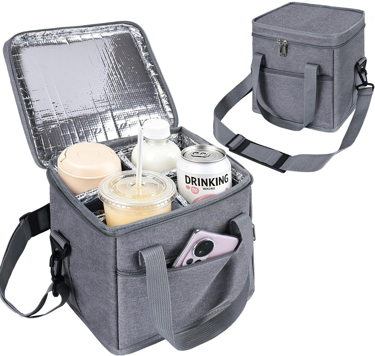 Insulated Drink Carrier Bag with Handle, 2 Side Pockets, Black
