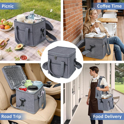 Insulated Drink Carrier Bag with Handle, 2 Side Pockets, Black