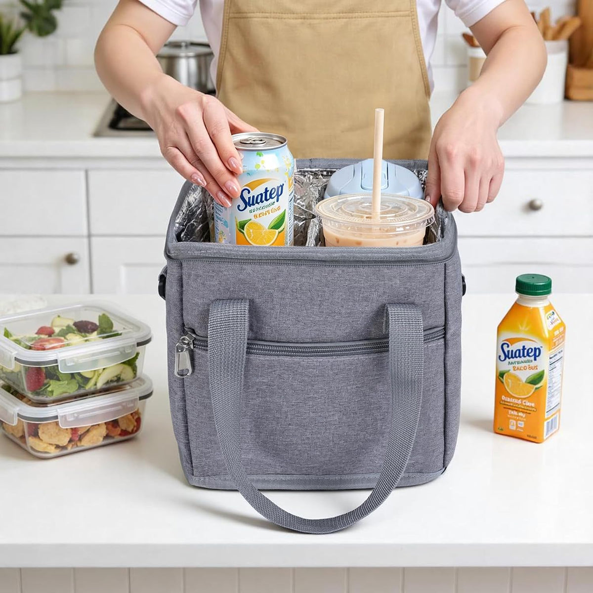 Insulated Drink Carrier Bag with Handle, 2 Side Pockets, Black