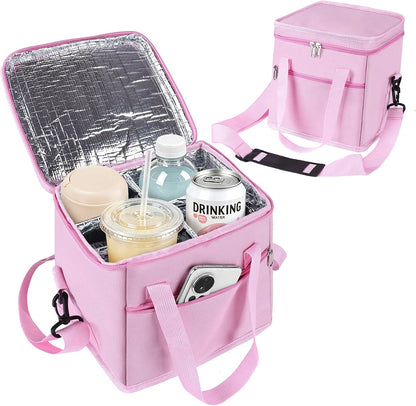Insulated Drink Carrier Bag with Handle, 2 Side Pockets, Black