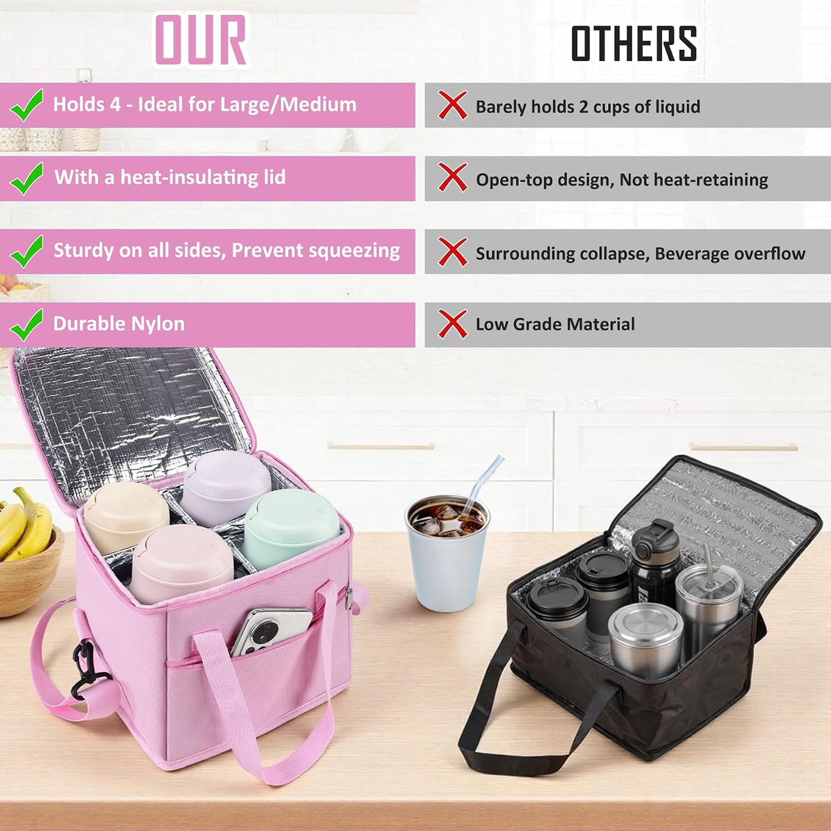 Insulated Drink Carrier Bag with Handle, 2 Side Pockets, Black