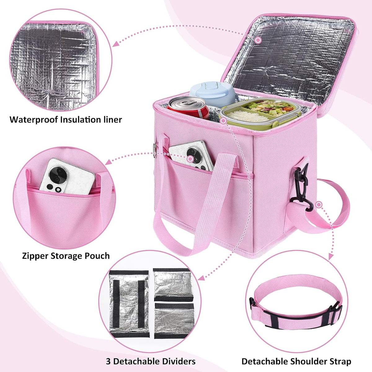 Insulated Drink Carrier Bag with Handle, 2 Side Pockets, Black