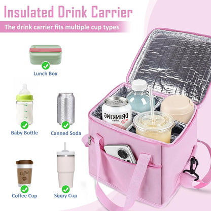 Insulated Drink Carrier Bag with Handle, 2 Side Pockets, Black