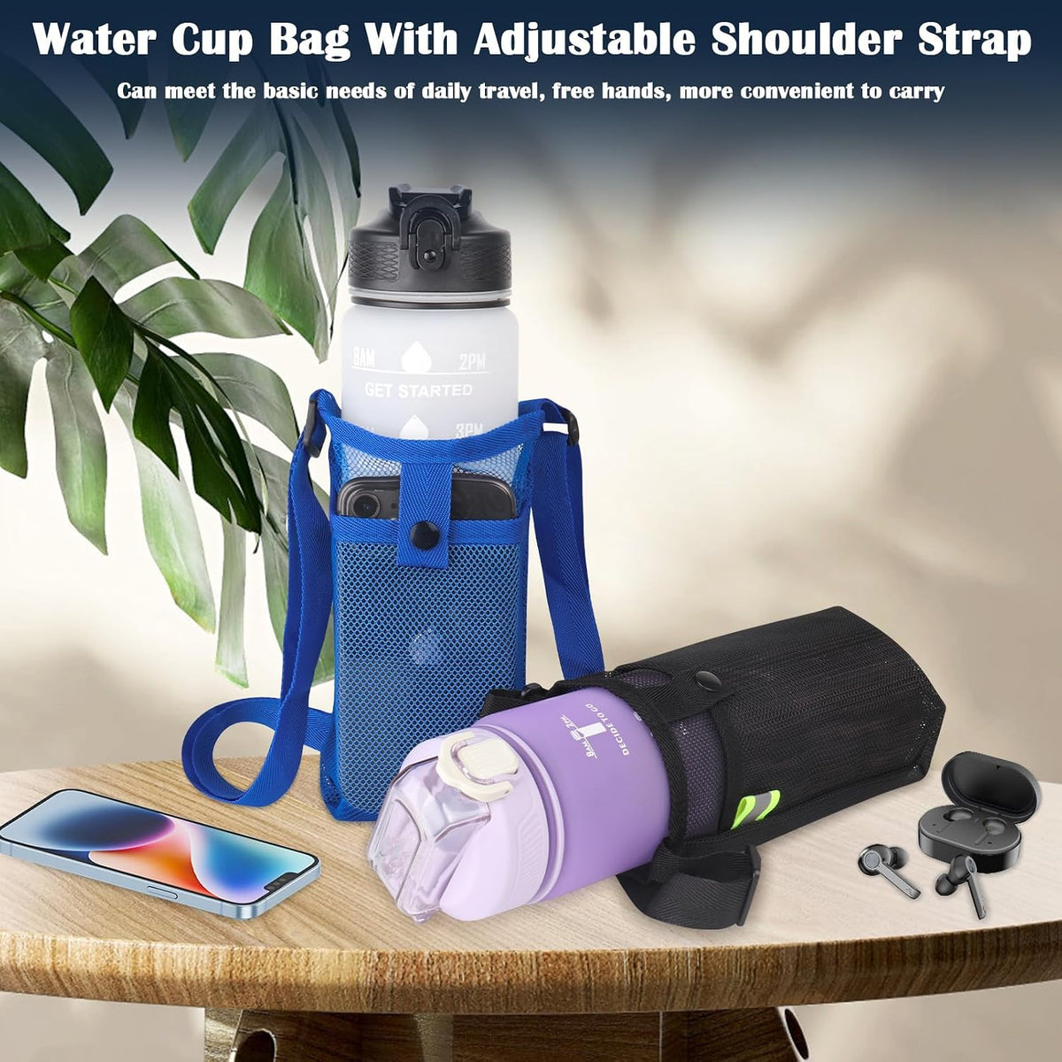 2 Packs Bottle Holder With Strap, Mesh Sling With Adjustable Shoulder Strap, Portable Bag With Pocket, Water Bottle Carrier for Walking, Hiking, Travelling