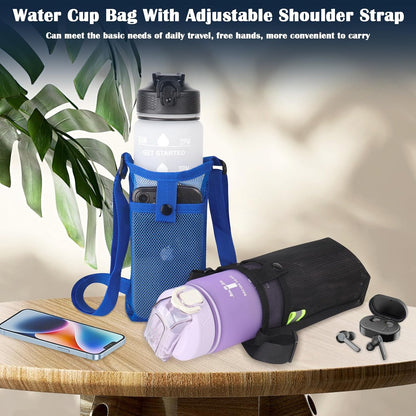 2 Packs Bottle Holder With Strap, Mesh Sling With Adjustable Shoulder Strap, Portable Bag With Pocket, Water Bottle Carrier for Walking, Hiking, Travelling