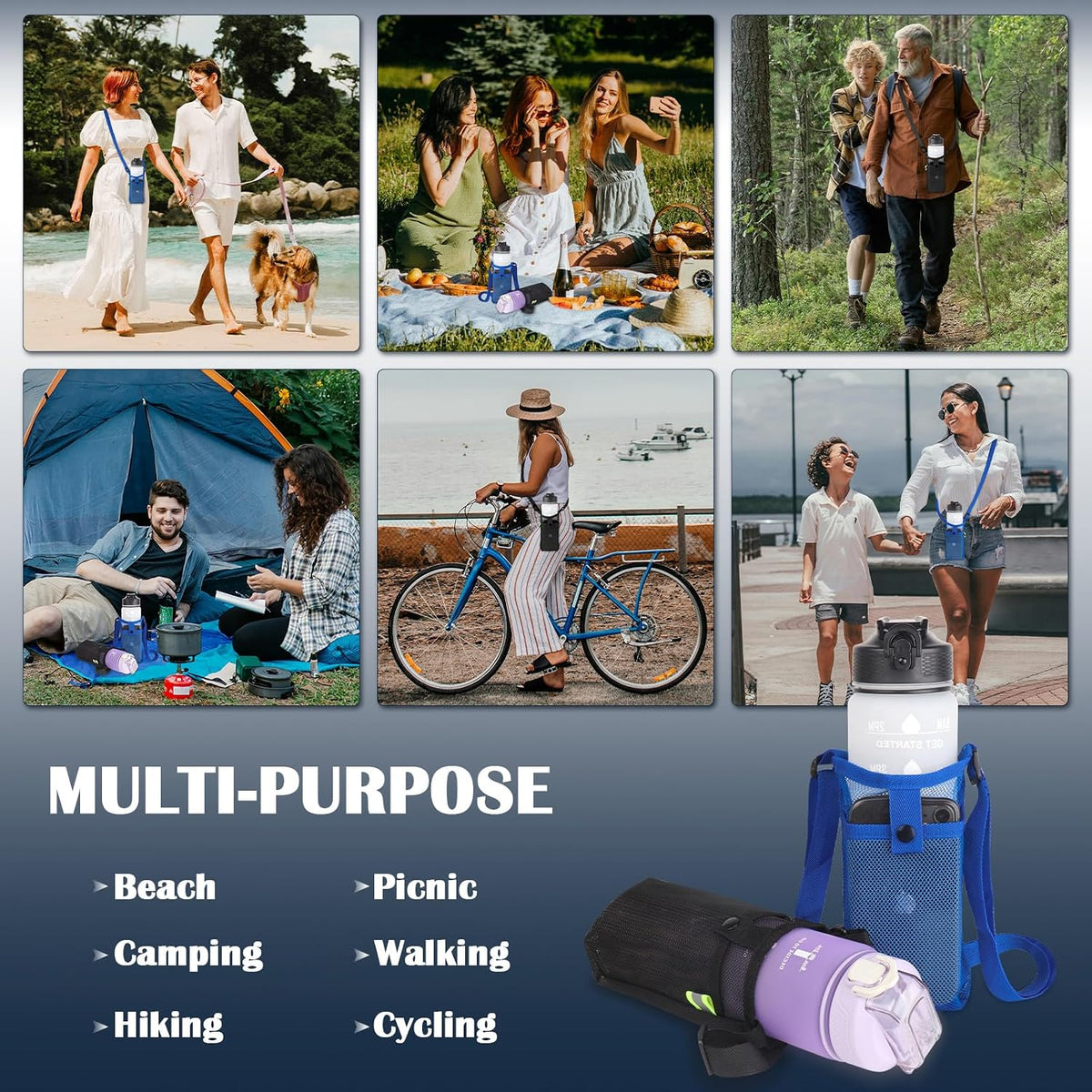2 Packs Bottle Holder With Strap, Mesh Sling With Adjustable Shoulder Strap, Portable Bag With Pocket, Water Bottle Carrier for Walking, Hiking, Travelling