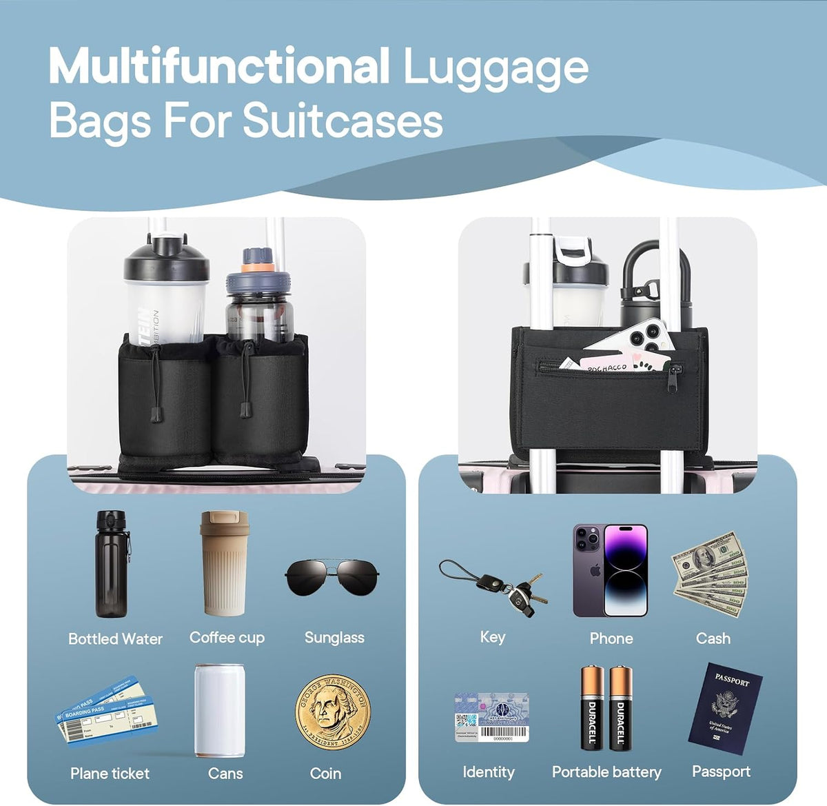Extra Luggage Cup Holder Free Hand Drink Caddy for Suitcases to Travel and Business Trip,Travel Must Haves Men Women,Holds Two Coffee Cups,Passport,Flight Attendant Essential Organizer-Apricot