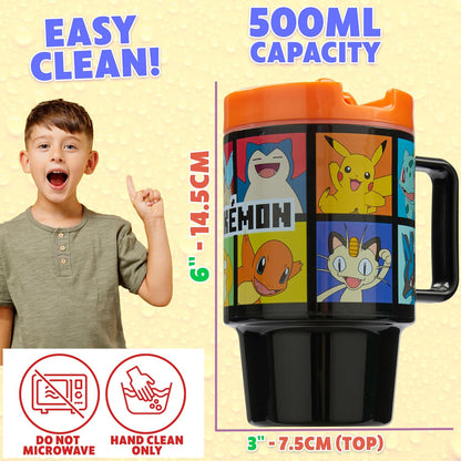 Pokemon Kids Water Bottle with Straw 16.9 oz BPA Free Plastic Cup with Lid Reusable Tumbler Pikachu Anime Gifts for Kids (Black Pokemon)