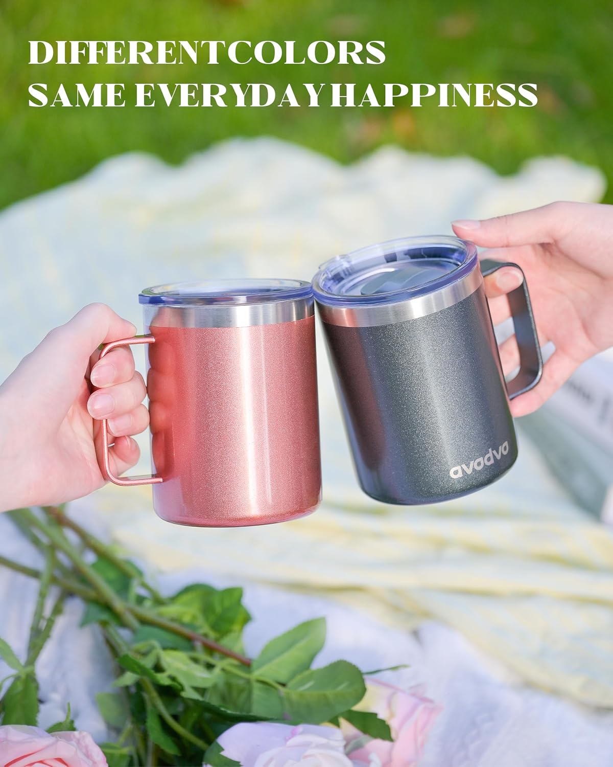 12oz Insulated Coffee Mug with 2 Lids & Handle, Stainless Steel Cup | Keeps Drinks Hot & Cold, Double Wall Vacuum Insulated Travel Tumbler for Home, Office & Outdoor, White - Colors B
