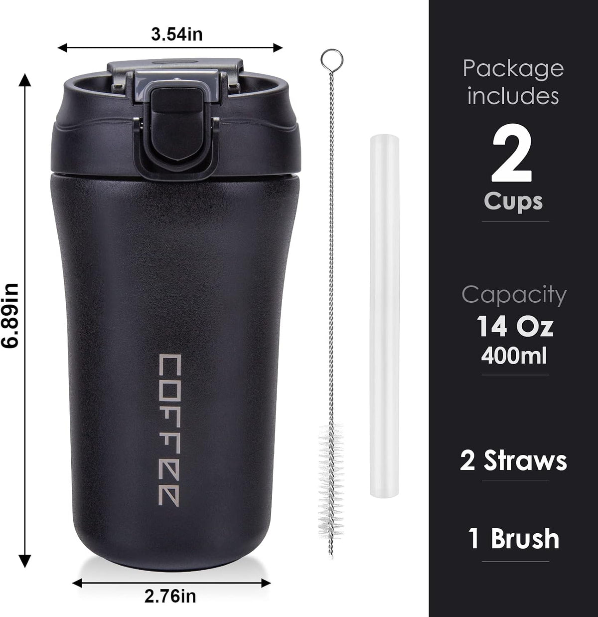 14 oz Travel Coffee Mug, 2 Pack Vacuum Insulated Stainless Steel Tumbler