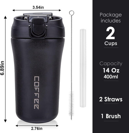 14 oz Travel Coffee Mug, 2 Pack Vacuum Insulated Stainless Steel Tumbler