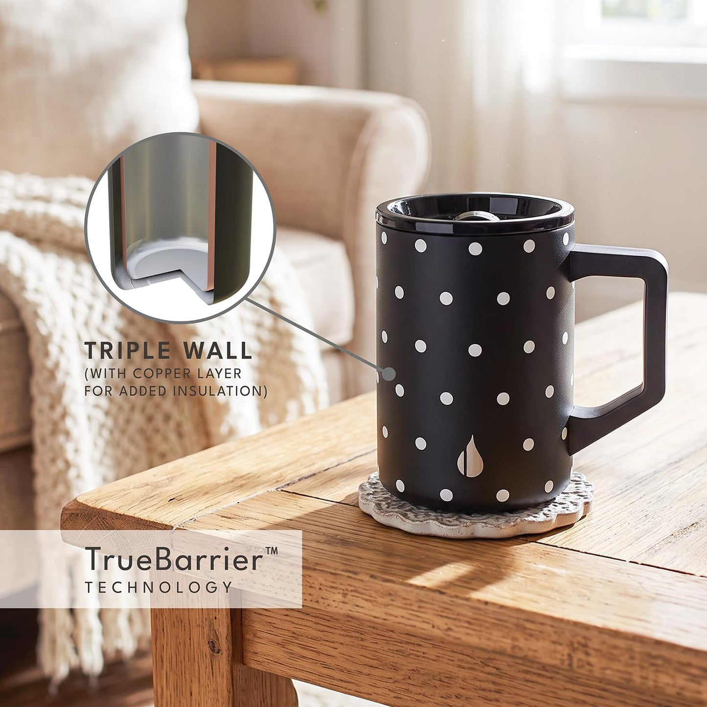 Insulated Coffee Mug - Triple-Wall Stainless Steel Summit Travel Cup for Hot and Cold Drinks - Thermal Coffee Mug with Lid and Handle for Camping, Office & Travel 16oz - Black