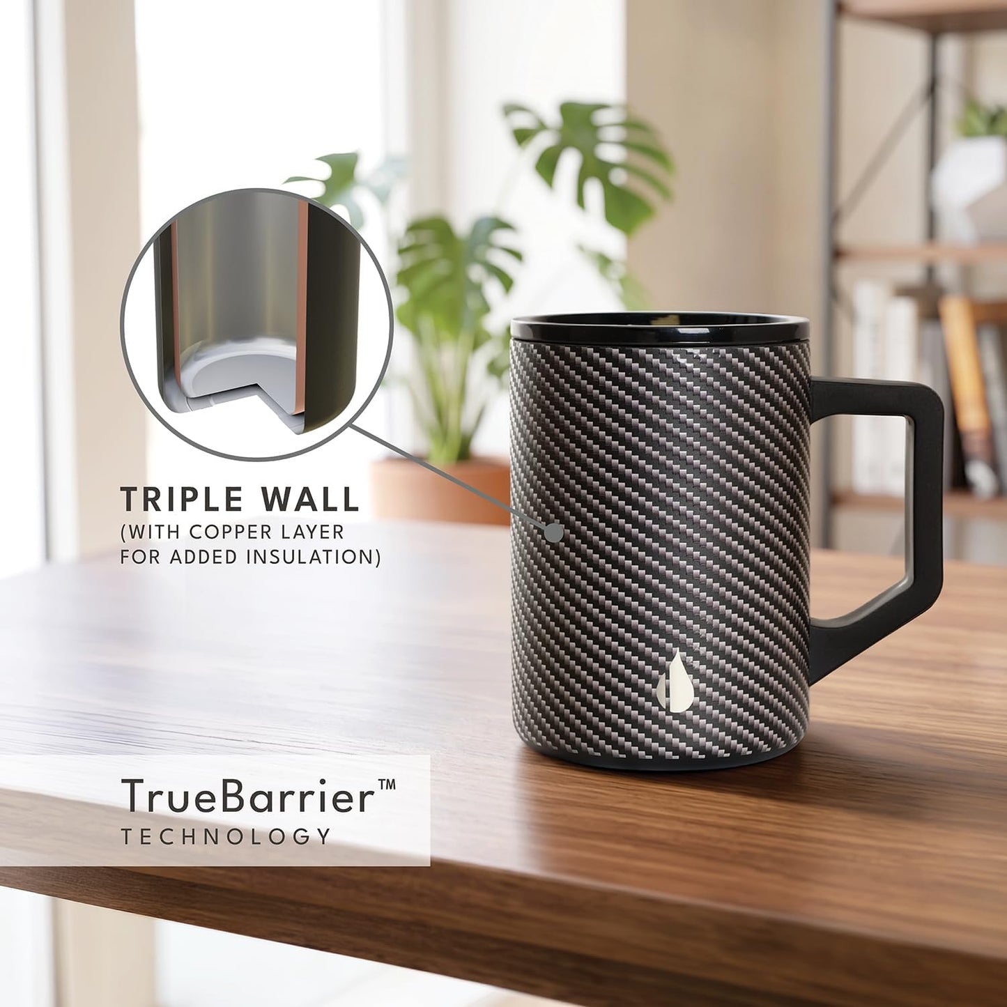 Insulated Coffee Mug - Triple-Wall Stainless Steel Summit Travel Cup for Hot and Cold Drinks - Thermal Coffee Mug with Lid and Handle for Camping, Office & Travel 16oz - Black