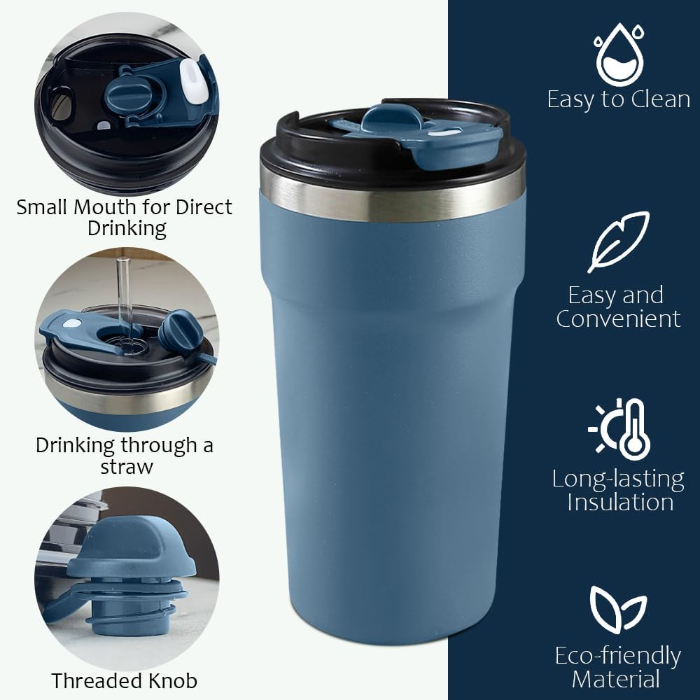 Travel coffee mugs leak-proof, reusable coffee cup with lid, stainless steel vacuum insulated coffee tumblers, thermal insulation cups for men & women keep drinks hot & cold (2nd-Yellow, 17OZ)