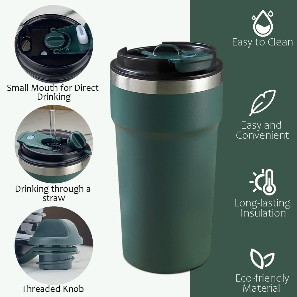 Travel coffee mugs leak-proof, reusable coffee cup with lid, stainless steel vacuum insulated coffee tumblers, thermal insulation cups for men & women keep drinks hot & cold (2nd-Yellow, 17OZ)