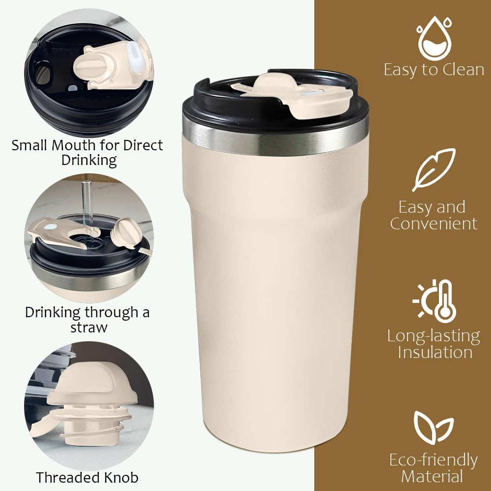 Travel coffee mugs leak-proof, reusable coffee cup with lid, stainless steel vacuum insulated coffee tumblers, thermal insulation cups for men & women keep drinks hot & cold (2nd-Yellow, 17OZ)