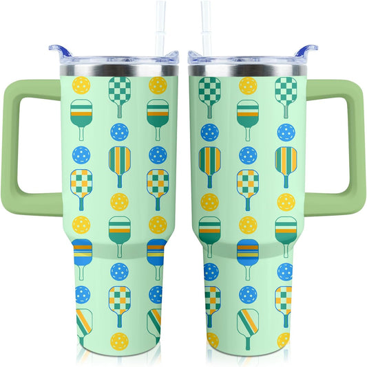Pickleball Mug 40 oz Tumbler with Handle Straw Lid Leak Proof