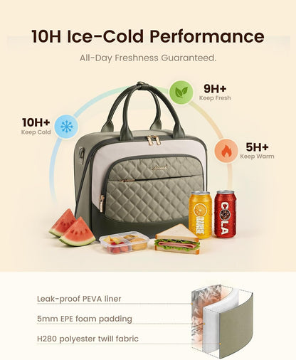 Insulated Lunch Bag for Women,Large Lunch Box Cooler Tote with Anti-Shifting Triangular Lid,Fixing Buckle for 40oz Tumbler,Wide Opening No-Spill Meal Carrier for Work Nurse Teacher Car Trip